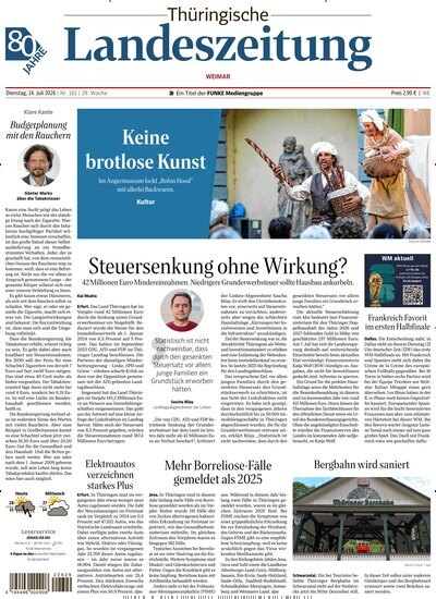 Titelbild der Ausgabe 161/2026 von Thüringische Landeszeitung Weimar. Diese Zeitschrift und viele weitere Zeitungsabos als Abo oder epaper bei United Kiosk online kaufen.
