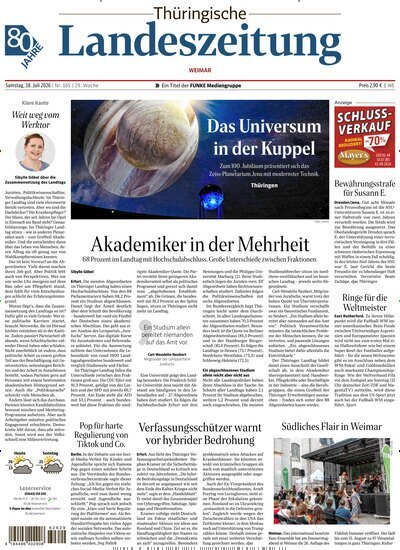 Titelbild der Ausgabe 165/2026 von Thüringische Landeszeitung Weimar. Diese Zeitschrift und viele weitere Zeitungsabos als Abo oder epaper bei United Kiosk online kaufen.