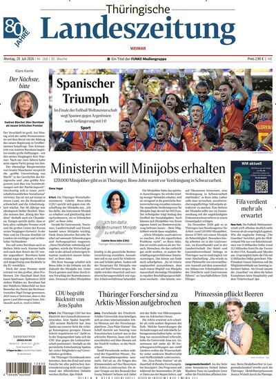 Titelbild der Ausgabe 166/2026 von Thüringische Landeszeitung Weimar. Diese Zeitschrift und viele weitere Zeitungsabos als Abo oder epaper bei United Kiosk online kaufen.