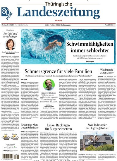 Titelbild der Ausgabe 172/2026 von Thüringische Landeszeitung Weimar. Diese Zeitschrift und viele weitere Zeitungsabos als Abo oder epaper bei United Kiosk online kaufen.