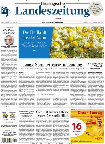 Titelbild der Ausgabe 177/2025 von Thüringische Landeszeitung Weimar. Diese Zeitschrift und viele weitere Zeitungsabos als Abo oder epaper bei United Kiosk online kaufen.