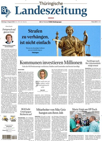 Titelbild der Ausgabe 179/2026 von Thüringische Landeszeitung Weimar. Diese Zeitschrift und viele weitere Zeitungsabos als Abo oder epaper bei United Kiosk online kaufen.