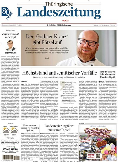 Titelbild der Ausgabe 193/2025 von Thüringische Landeszeitung Weimar. Diese Zeitschrift und viele weitere Zeitungsabos als Abo oder epaper bei United Kiosk online kaufen.