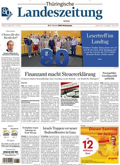 Titelbild der Ausgabe 195/2025 von Thüringische Landeszeitung Weimar. Diese Zeitschrift und viele weitere Zeitungsabos als Abo oder epaper bei United Kiosk online kaufen.