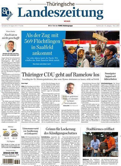 Titelbild der Ausgabe 202/2025 von Thüringische Landeszeitung Weimar. Diese Zeitschrift und viele weitere Zeitungsabos als Abo oder epaper bei United Kiosk online kaufen.