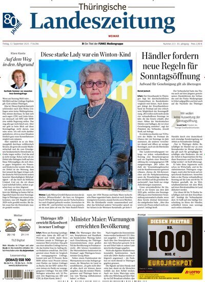 Titelbild der Ausgabe 213/2025 von Thüringische Landeszeitung Weimar. Diese Zeitschrift und viele weitere Zeitungsabos als Abo oder epaper bei United Kiosk online kaufen.
