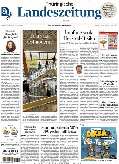 Titelbild der Ausgabe 215/2025 von Thüringische Landeszeitung Weimar. Diese Zeitschrift und viele weitere Zeitungsabos als Abo oder epaper bei United Kiosk online kaufen.