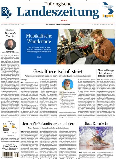 Titelbild der Ausgabe 218/2025 von Thüringische Landeszeitung Weimar. Diese Zeitschrift und viele weitere Zeitungsabos als Abo oder epaper bei United Kiosk online kaufen.