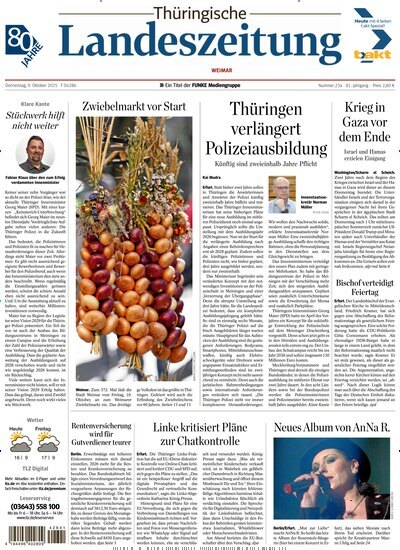 Titelbild der Ausgabe 234/2025 von Thüringische Landeszeitung Weimar. Diese Zeitschrift und viele weitere Zeitungsabos als Abo oder epaper bei United Kiosk online kaufen.