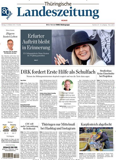 Titelbild der Ausgabe 237/2025 von Thüringische Landeszeitung Weimar. Diese Zeitschrift und viele weitere Zeitungsabos als Abo oder epaper bei United Kiosk online kaufen.