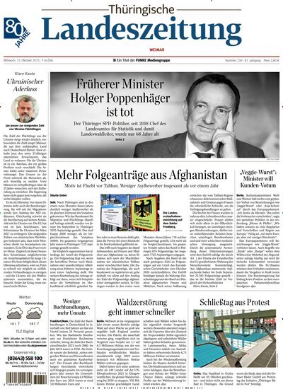 Titelbild der Ausgabe 239/2025 von Thüringische Landeszeitung Weimar. Diese Zeitschrift und viele weitere Zeitungsabos als Abo oder epaper bei United Kiosk online kaufen.