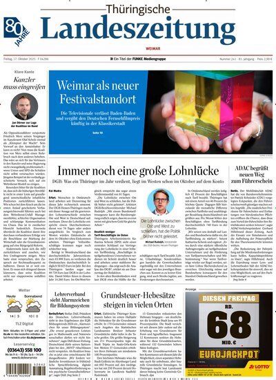 Titelbild der Ausgabe 241/2025 von Thüringische Landeszeitung Weimar. Diese Zeitschrift und viele weitere Zeitungsabos als Abo oder epaper bei United Kiosk online kaufen.