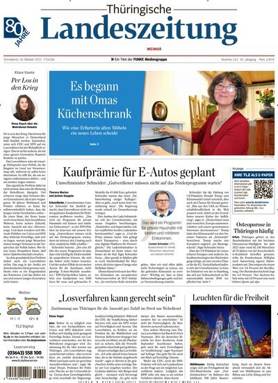 Titelbild der Ausgabe 242/2025 von Thüringische Landeszeitung Weimar. Diese Zeitschrift und viele weitere Zeitungsabos als Abo oder epaper bei United Kiosk online kaufen.