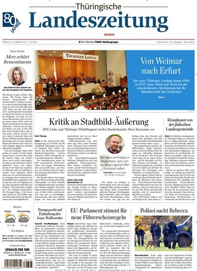 Titelbild der Ausgabe 245/2025 von Thüringische Landeszeitung Weimar. Diese Zeitschrift und viele weitere Zeitungsabos als Abo oder epaper bei United Kiosk online kaufen.