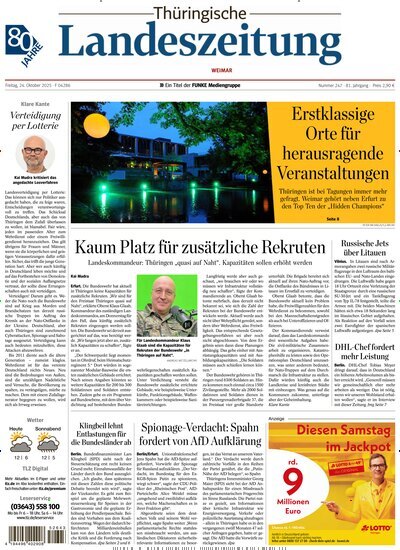 Titelbild der Ausgabe 247/2025 von Thüringische Landeszeitung Weimar. Diese Zeitschrift und viele weitere Zeitungsabos als Abo oder epaper bei United Kiosk online kaufen.