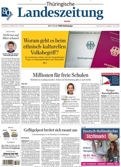 Titelbild der Ausgabe 248/2025 von Thüringische Landeszeitung Weimar. Diese Zeitschrift und viele weitere Zeitungsabos als Abo oder epaper bei United Kiosk online kaufen.