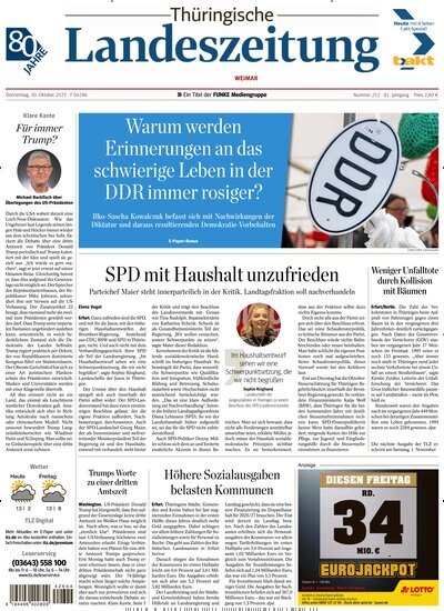Titelbild der Ausgabe 252/2025 von Thüringische Landeszeitung Weimar. Diese Zeitschrift und viele weitere Zeitungsabos als Abo oder epaper bei United Kiosk online kaufen.