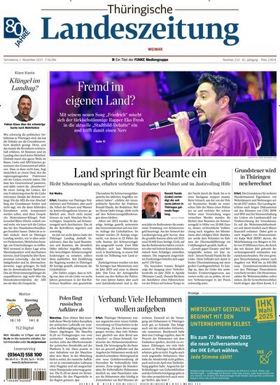 Titelbild der Ausgabe 253/2025 von Thüringische Landeszeitung Weimar. Diese Zeitschrift und viele weitere Zeitungsabos als Abo oder epaper bei United Kiosk online kaufen.