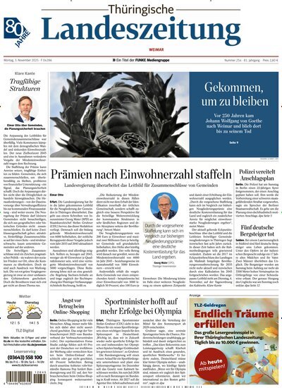 Titelbild der Ausgabe 254/2025 von Thüringische Landeszeitung Weimar. Diese Zeitschrift und viele weitere Zeitungsabos als Abo oder epaper bei United Kiosk online kaufen.