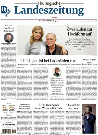 Titelbild der Ausgabe 256/2025 von Thüringische Landeszeitung Weimar. Diese Zeitschrift und viele weitere Zeitungsabos als Abo oder epaper bei United Kiosk online kaufen.