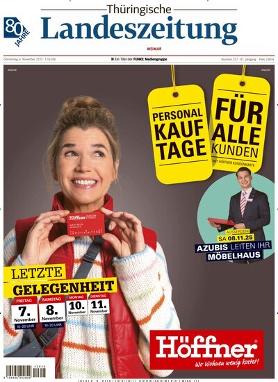 Titelbild der Ausgabe 257/2025 von Thüringische Landeszeitung Weimar. Diese Zeitschrift und viele weitere Zeitungsabos als Abo oder epaper bei United Kiosk online kaufen.