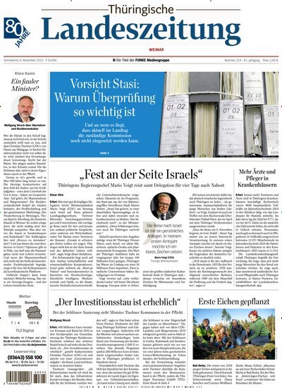 Titelbild der Ausgabe 259/2025 von Thüringische Landeszeitung Weimar. Diese Zeitschrift und viele weitere Zeitungsabos als Abo oder epaper bei United Kiosk online kaufen.