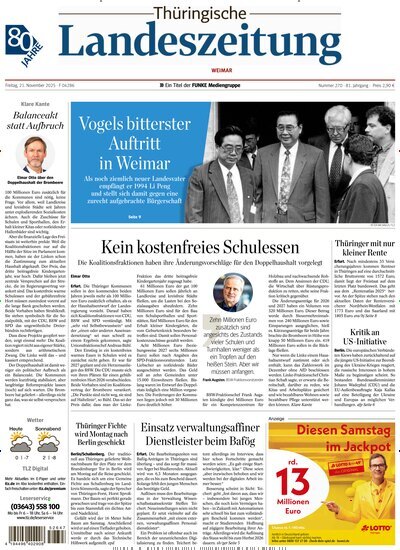 Titelbild der Ausgabe 270/2025 von Thüringische Landeszeitung Weimar. Diese Zeitschrift und viele weitere Zeitungsabos als Abo oder epaper bei United Kiosk online kaufen.