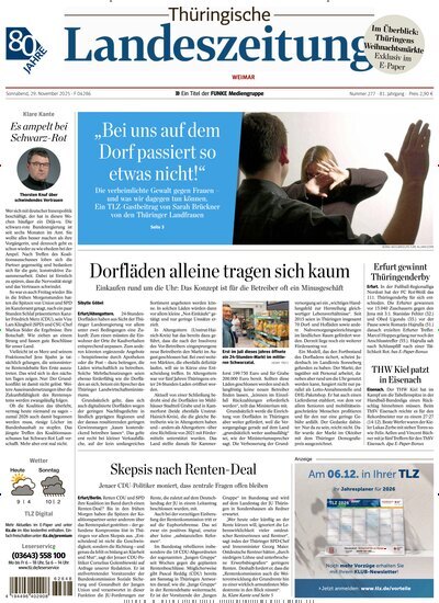 Titelbild der Ausgabe 277/2025 von Thüringische Landeszeitung Weimar. Diese Zeitschrift und viele weitere Zeitungsabos als Abo oder epaper bei United Kiosk online kaufen.