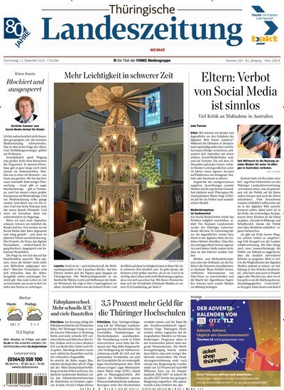 Titelbild der Ausgabe 287/2025 von Thüringische Landeszeitung Weimar. Diese Zeitschrift und viele weitere Zeitungsabos als Abo oder epaper bei United Kiosk online kaufen.