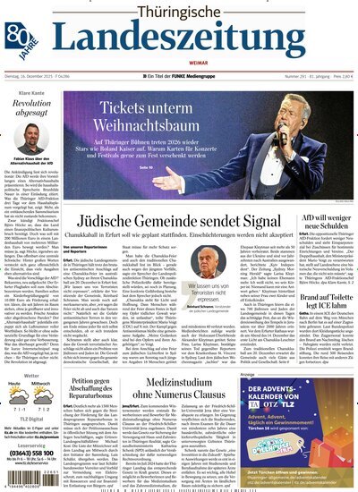 Titelbild der Ausgabe 291/2025 von Thüringische Landeszeitung Weimar. Diese Zeitschrift und viele weitere Zeitungsabos als Abo oder epaper bei United Kiosk online kaufen.