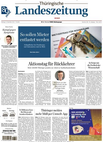 Titelbild der Ausgabe 296/2025 von Thüringische Landeszeitung Weimar. Diese Zeitschrift und viele weitere Zeitungsabos als Abo oder epaper bei United Kiosk online kaufen.