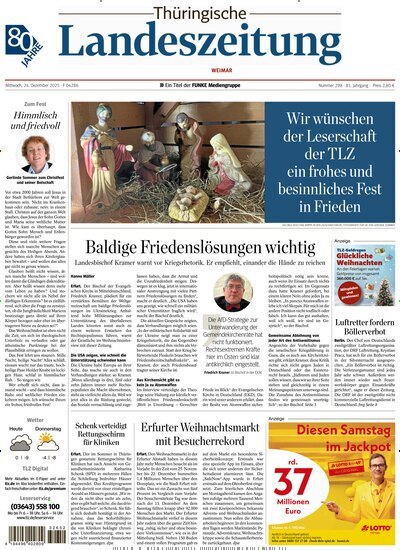 Titelbild der Ausgabe 298/2025 von Thüringische Landeszeitung Weimar. Diese Zeitschrift und viele weitere Zeitungsabos als Abo oder epaper bei United Kiosk online kaufen.