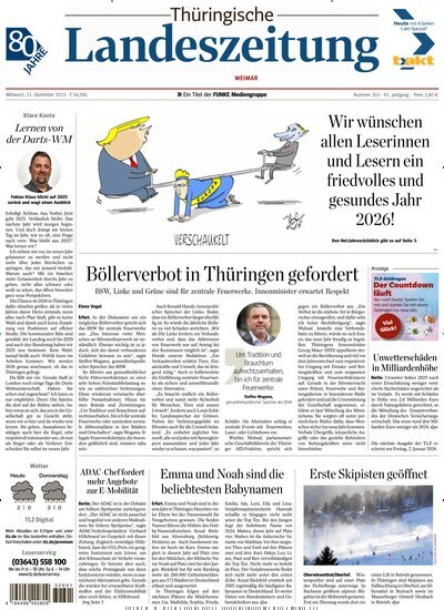 Titelbild der Ausgabe 302/2025 von Thüringische Landeszeitung Weimar. Diese Zeitschrift und viele weitere Zeitungsabos als Abo oder epaper bei United Kiosk online kaufen.