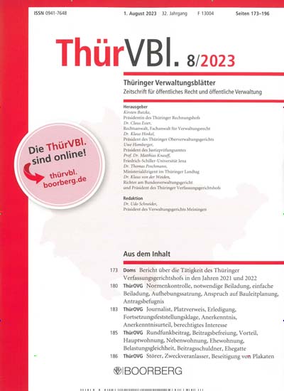 Titelbild der Ausgabe 8/2023 von ThürVBl. Thüringer Verwaltungsblätter. Diese Zeitschrift und viele weitere Jurazeitschriften und Zeitschriften für Verwaltung als Abo oder epaper bei United Kiosk online kaufen.