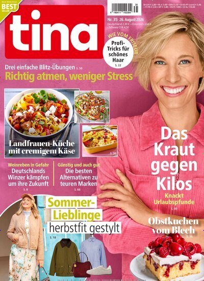 Titelbild der Ausgabe 35/2026 von tina. Diese Zeitschrift und viele weitere Frauenzeitschriften als Abo oder epaper bei United Kiosk online kaufen.