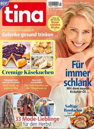 Titelbild der Ausgabe 41/2025 von tina. Diese Zeitschrift und viele weitere Frauenzeitschriften als Abo oder epaper bei United Kiosk online kaufen.