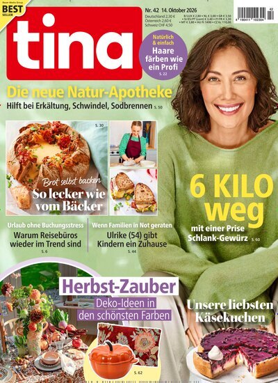 Titelbild der Ausgabe 42/2026 von tina. Diese Zeitschrift und viele weitere Frauenzeitschriften als Abo oder epaper bei United Kiosk online kaufen.