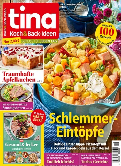 Titelbild der Ausgabe 10/2023 von Tina Koch & Backideen. Diese Zeitschrift und viele weitere Kochzeitschriften und Backzeitschriften als Abo oder epaper bei United Kiosk online kaufen.