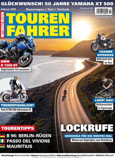 Titelbild der Ausgabe 2/2026 von Tourenfahrer - Motorrad Reisen. Diese Zeitschrift und viele weitere Automagazine und Motorradzeitschriften als Abo oder epaper bei United Kiosk online kaufen.