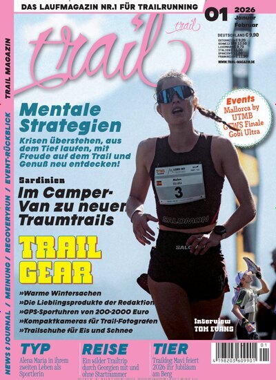 Titelbild der Ausgabe 1/2026 von trail Magazin. Diese Zeitschrift und viele weitere Sportmagazine als Abo oder epaper bei United Kiosk online kaufen.
