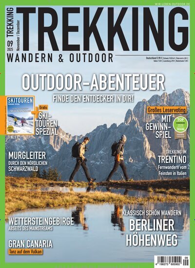 Titelbild der Ausgabe 9/2025 von Trekking Wandern & Outdoor. Diese Zeitschrift und viele weitere Sportmagazine als Abo oder epaper bei United Kiosk online kaufen.