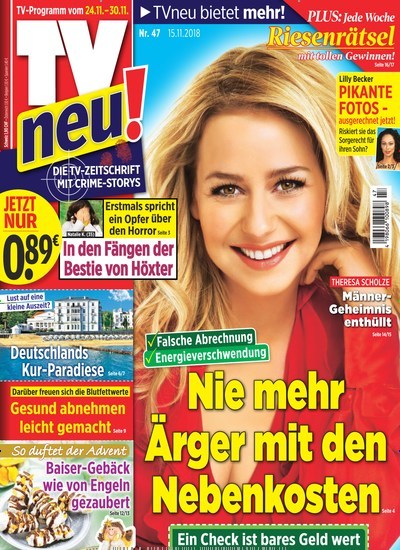 TV neu Kombi-Abo aktuelles Titelbild Ausgabe 47/2018 Aktuelles Titelbild von TV neu Kombi-Abo. Entdecken Sie jetzt die Ausgabe 47/2018. Lesen Sie gerne Programmzeitschriften? Dann empfehlen wir Ihnen TV neu Kombi-Abo als Kombi-Abo zum Lesen als gedruckte Ausgabe, als digitale Ausgabe im Web und als epaper per App.