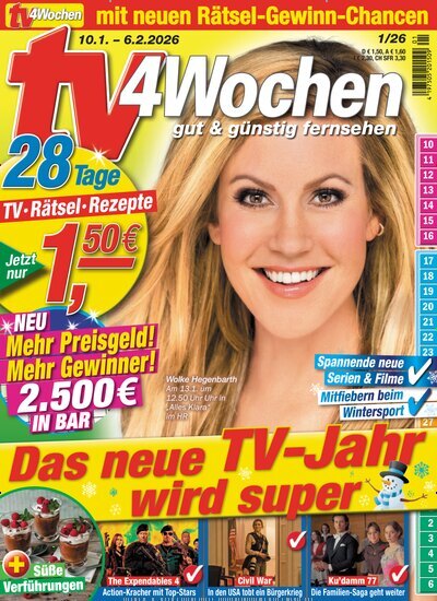 Titelbild der Ausgabe 1/2026 von TV 4 Wochen. Diese Zeitschrift und viele weitere Programmzeitschriften als Abo oder epaper bei United Kiosk online kaufen.