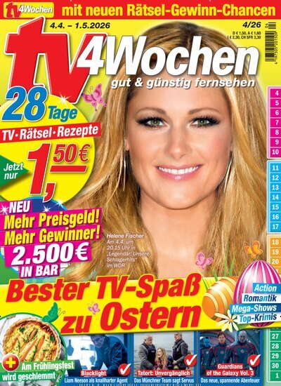 Titelbild der Ausgabe 4/2026 von TV 4 Wochen. Diese Zeitschrift und viele weitere Programmzeitschriften als Abo oder epaper bei United Kiosk online kaufen.
