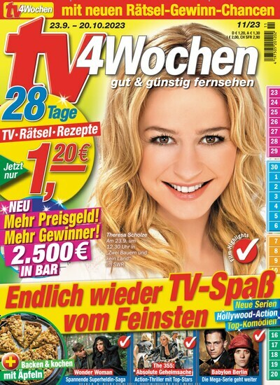 Titelbild der Ausgabe 11/2023 von TV 4 Wochen. Diese Zeitschrift und viele weitere Programmzeitschriften als Abo oder epaper bei United Kiosk online kaufen.