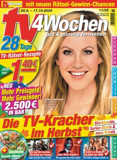 Titelbild der Ausgabe 11/2025 von TV 4 Wochen. Diese Zeitschrift und viele weitere Programmzeitschriften als Abo oder epaper bei United Kiosk online kaufen.