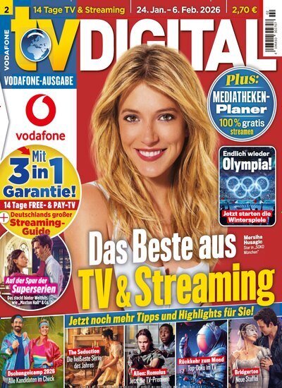 Titelbild der Ausgabe 2/2026 von TV Digital Vodafone. Diese Zeitschrift und viele weitere Programmzeitschriften als Abo oder epaper bei United Kiosk online kaufen.