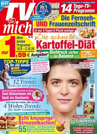 Titelbild der Ausgabe 19/2026 von TV für mich. Diese Zeitschrift und viele weitere Programmzeitschriften als Abo oder epaper bei United Kiosk online kaufen.