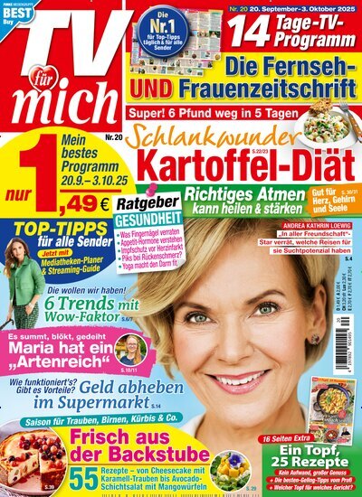 Titelbild der Ausgabe 20/2025 von TV für mich. Diese Zeitschrift und viele weitere Programmzeitschriften als Abo oder epaper bei United Kiosk online kaufen.