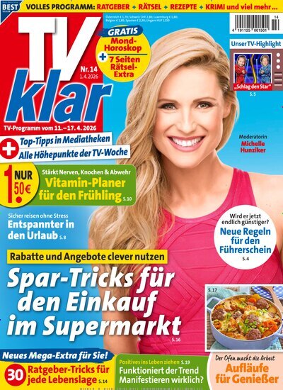 Titelbild der Ausgabe 14/2026 von TV Klar. Diese Zeitschrift und viele weitere Programmzeitschriften als Abo oder epaper bei United Kiosk online kaufen.